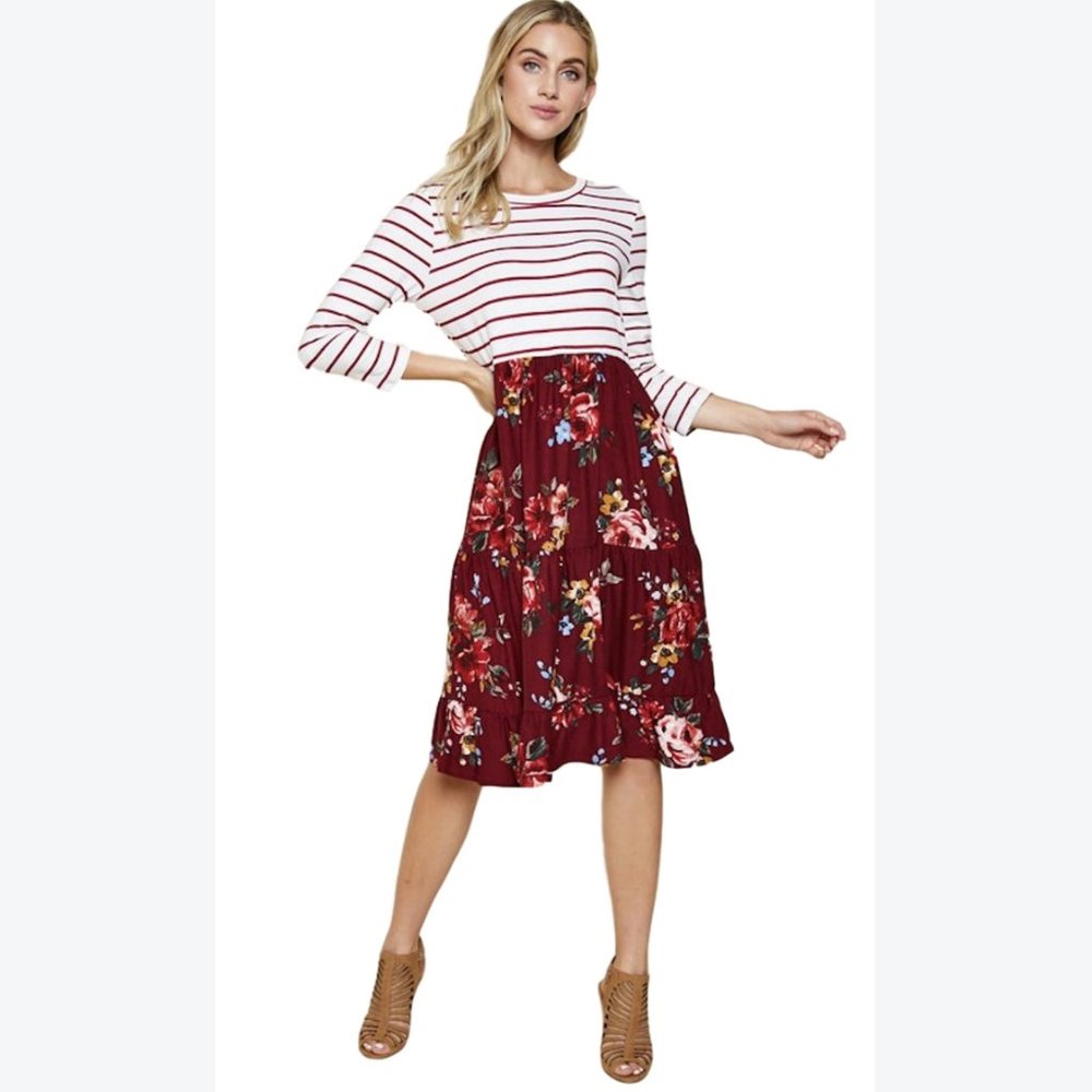 Reborn J 3/4 Sleeve Stripe and Floral Midi Dress